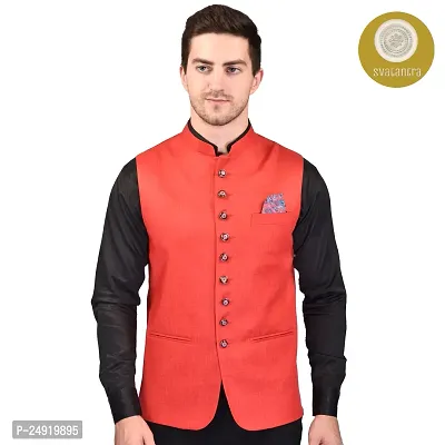 Reliable Red Cotton Blend  Nehru Jackets For Men