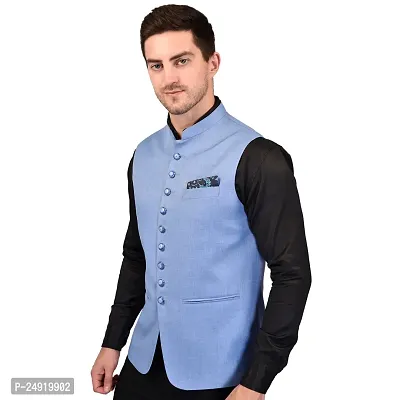 Reliable Blue Cotton Blend  Nehru Jackets For Men-thumb3