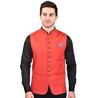 Reliable Red Cotton Blend  Nehru Jackets For Men-thumb1