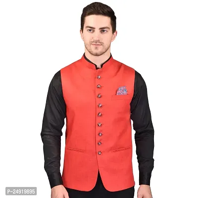 Reliable Red Cotton Blend  Nehru Jackets For Men-thumb2