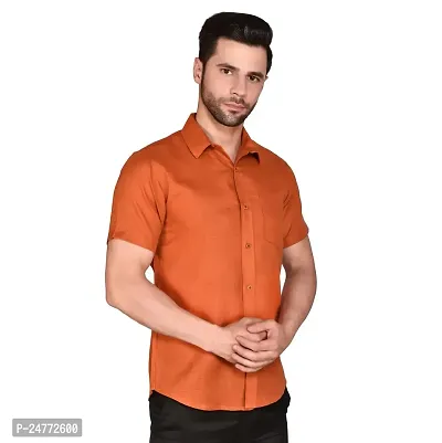 PRINTCULTR Men's Cotton Blend Casual Designer Solid Color Shirt | Regular Slim Fit Half Sleeve, Straight, Waist Length Collared Neck Solid Formal Shirt | Orange-thumb0