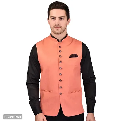 Reliable Orange Cotton Blend  Nehru Jackets For Men-thumb2