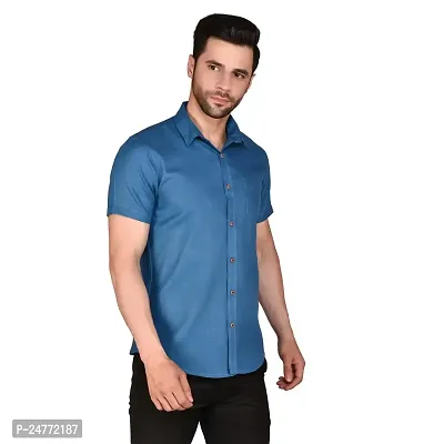 PRINTCULTR Men's Cotton Blend Casual Designer Solid Color Shirt | Regular Slim Fit Half Sleeve, Straight, Waist Length Collared Neck Solid Formal Shirt | Blue