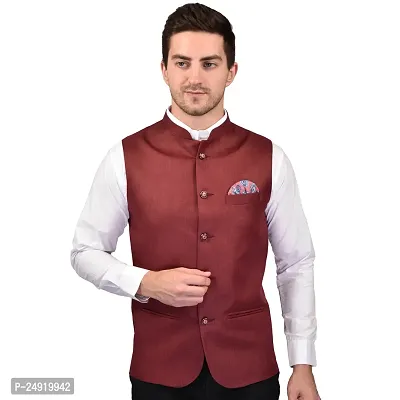 Reliable Brown Cotton Blend  Nehru Jackets For Men-thumb2