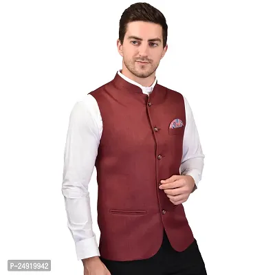 Reliable Brown Cotton Blend  Nehru Jackets For Men-thumb4