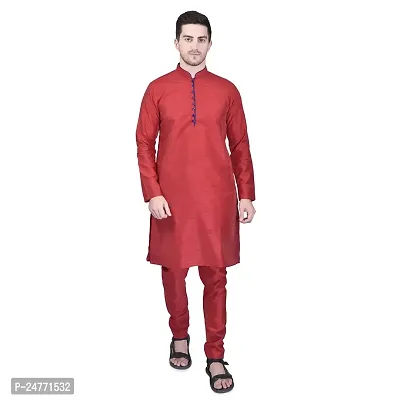 PRINTCULTR Men's Silk Traditional Kurta Pyjama Set | Regular Long Sleeve Solid Kurta | Elastic Waistband Pyjama | (PCDSK8)-thumb0