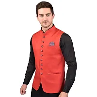 Reliable Red Cotton Blend  Nehru Jackets For Men-thumb3