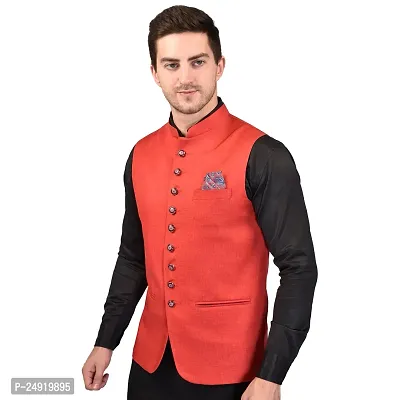 Reliable Red Cotton Blend  Nehru Jackets For Men-thumb4