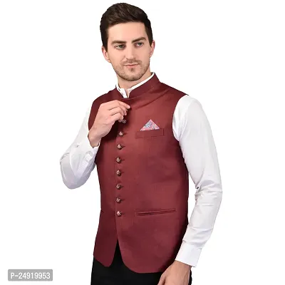 Reliable Brown Cotton Blend  Nehru Jackets For Men-thumb4