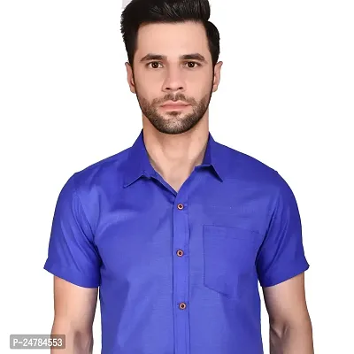 PRINTCULTR Men's Cotton Blend Casual Designer Solid Color Shirt | Regular Slim Fit Half Sleeve, Straight, Waist Length Collared Neck Solid Formal Shirt | Royal Blue-thumb4