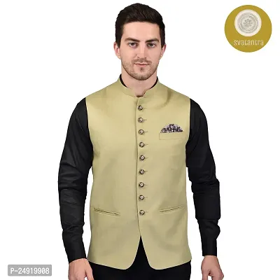 Reliable Beige Cotton Blend  Nehru Jackets For Men