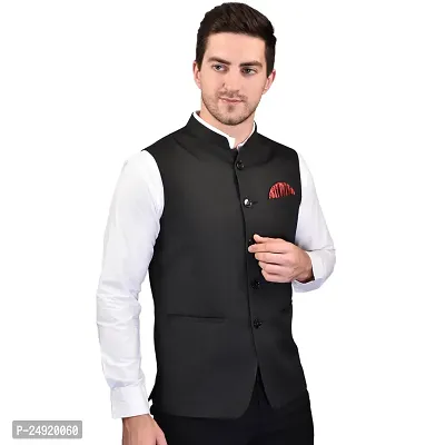 Reliable Black Cotton Blend  Nehru Jackets For Men-thumb4