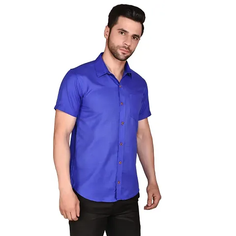 PRINTCULTR Men's Cotton Blend Casual Designer Solid Color Shirt | Regular Slim Fit Half Sleeve, Straight, Waist Length Collared Neck Solid Formal Shirt | Royal Blue