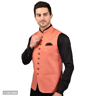 Reliable Orange Cotton Blend  Nehru Jackets For Men-thumb4