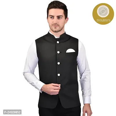 Reliable Black Cotton Blend  Nehru Jackets For Men