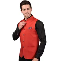 Reliable Red Cotton Blend  Nehru Jackets For Men-thumb3