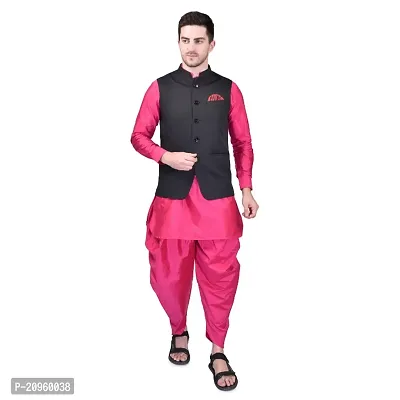 PRINTCULTR Mens Silk Blend Solid Pink Color Kurta And Harem Salwar Pants With Black Nehru Jacket