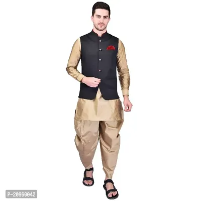 PRINTCULTR Mens Silk Blend Solid Beige Color Kurta And Harem Salwar Pants With Black Nehru Jacket