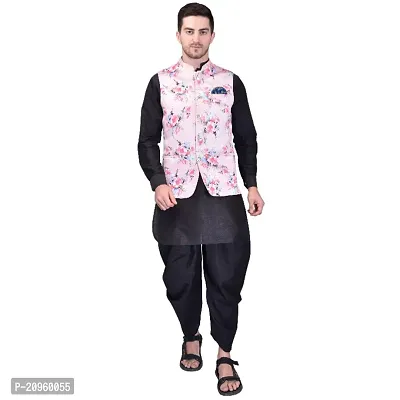 PRINTCULTR Mens Silk Blend Solid Black Color Kurta And Harem Salwar Pants With Multi Color Nehru Jacket