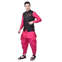 PRINTCULTR Mens Silk Blend Solid Pink Color Kurta And Harem Salwar Pants With Black Nehru Jacket-thumb1