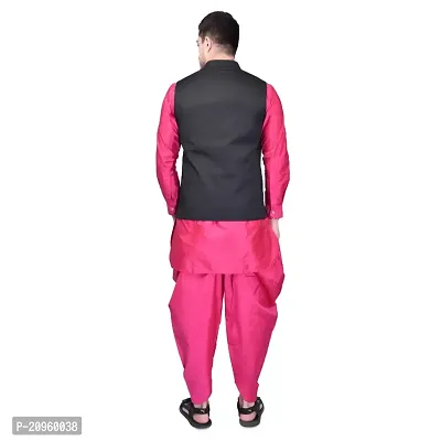 PRINTCULTR Mens Silk Blend Solid Pink Color Kurta And Harem Salwar Pants With Black Nehru Jacket-thumb4