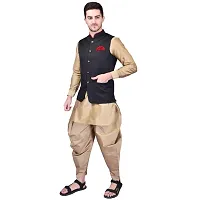 PRINTCULTR Mens Silk Blend Solid Beige Color Kurta And Harem Salwar Pants With Black Nehru Jacket-thumb1