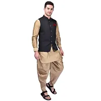 PRINTCULTR Mens Silk Blend Solid Beige Color Kurta And Harem Salwar Pants With Black Nehru Jacket-thumb2