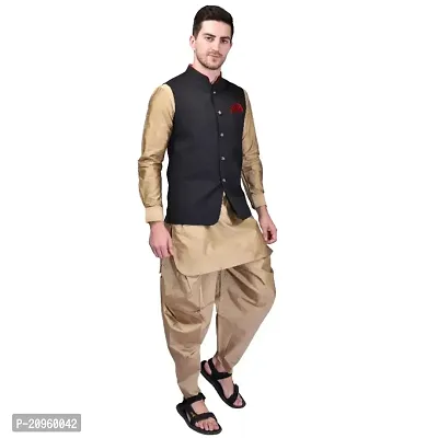 PRINTCULTR Mens Silk Blend Solid Beige Color Kurta And Harem Salwar Pants With Black Nehru Jacket-thumb3