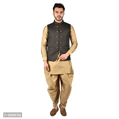 PRINTCULTR Mens Silk Blend Solid Beige Color Kurta And Harem Salwar Pants With Black Color Nehru Jacket,