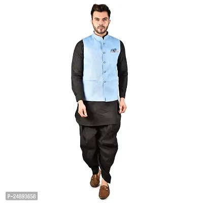 Reliable Black Silk Solid Kurta, Bottom And Ethnic Nehru Jacket Sets For Men-thumb0