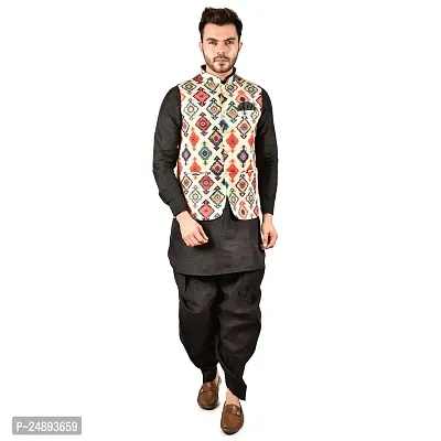 Reliable Black Silk Solid Kurta, Bottom And Ethnic Nehru Jacket Sets For Men