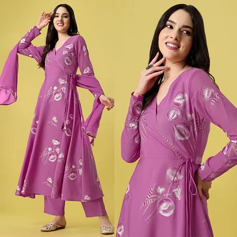 Stylish Crepe Anarkali Printed Kurta With Bottom and Dupatta Set