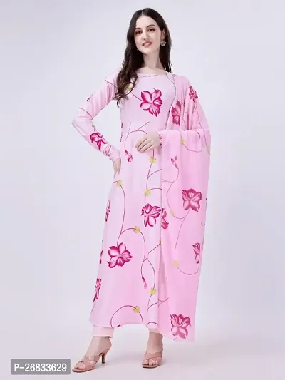 Womens Crepe Pink Color Flower Print Kurti With Plain Palazzo Dupatta Set