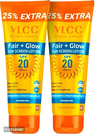 VLCC Fair+ Glow Sunscreen Lotion 100 g with 25 g Extra(Pack of 2) - SPF 20 PA+++ (200 ml)