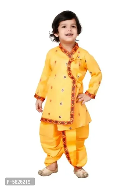Elegant Yellow Cotton Blend Janamashtmi Special Embroidered Krishna Ethnic Kurta with Dhoti For Kids-thumb0