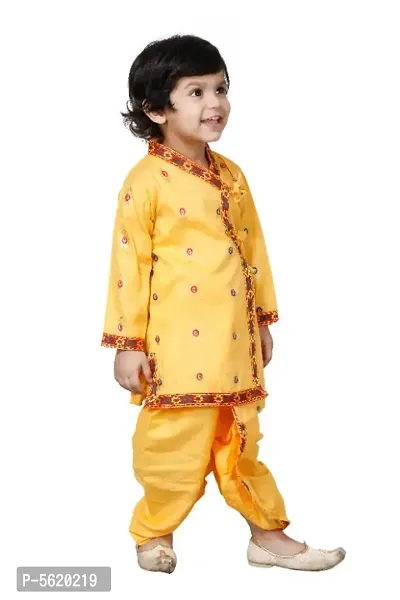 Elegant Yellow Cotton Blend Janamashtmi Special Embroidered Krishna Ethnic Kurta with Dhoti For Kids-thumb5