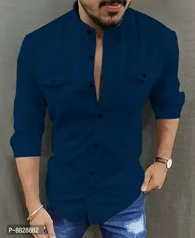 Navy Blue Cotton Solid Casual Shirts For Men-thumb0