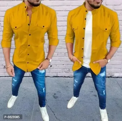 Mustard Cotton Solid Casual Shirts For Men