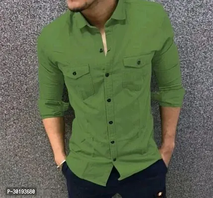 Reliable Green Cotton Solid Long Sleeves Casual Shirt For Men-thumb0