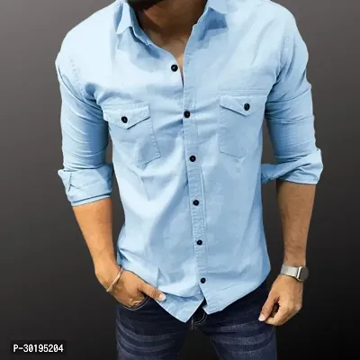 Reliable Blue Cotton Solid Long Sleeves Casual Shirt For Men-thumb0