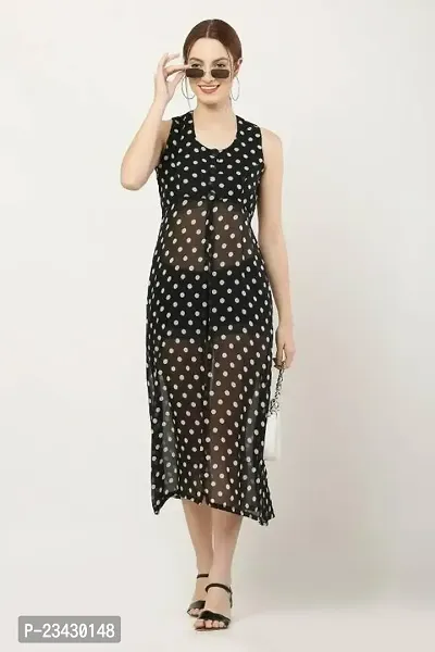 HA CROWN Women's Crepe Regular Fit Solid Polka Dot Printed Maxi Sleeveless ?Dress (Ha 01)