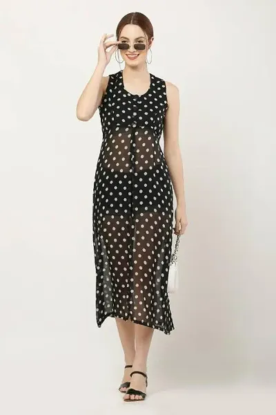 HA CROWN Women's Crepe Regular Fit Solid Polka Dot Maxi Sleeveless ?Dress (Ha 01)