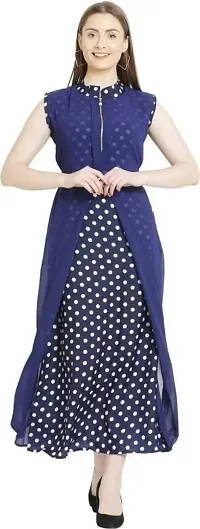 HA CROWN Women's Crepe Regular Fit Solid Polka Dot Printed Maxi Sleeveless ?Dress (Ha 01)-thumb0