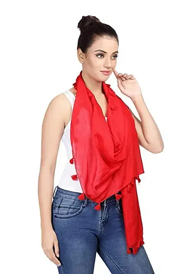 VERIISMO Womens Solid Soft Quality synthetic stole with Tassels fringes (Red)