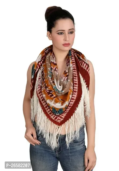 Abstract Printed Square Scarf With Long Fringes For Women And Girls-thumb0