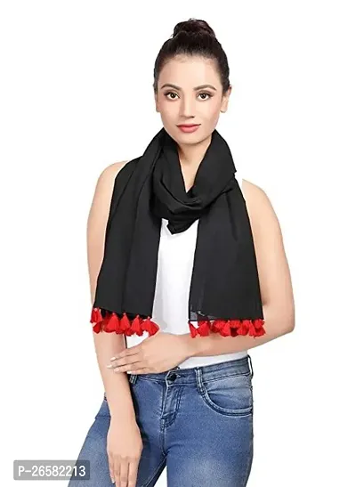Viscose Quality Solid Black Color Nice Stole With Beautiful Orange Color Tassels Fringes For Women And Girls