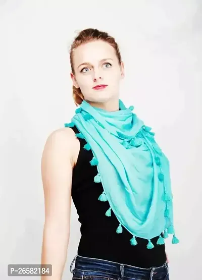 Beautiful Turquoise Blue Solid Color Scarf With All Over Tassels Fringes For Women And Girls-thumb0