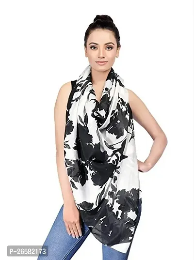 Polyester Flowers Printed Big Stole With White Color Beads For Women And Girls-thumb0