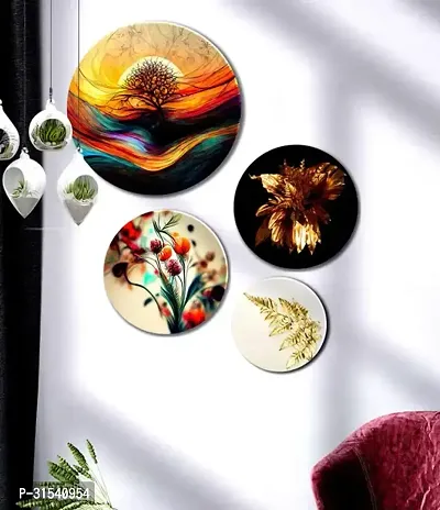 Beautiful Flower Round Shape Wall Hanging  Painting for Wall Decoration Set of 4