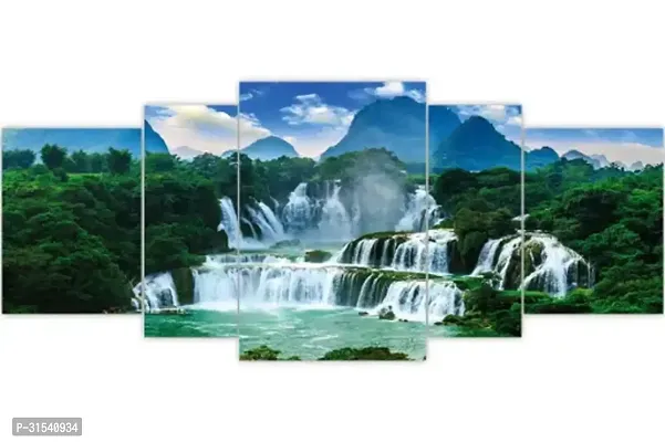 Modern Cloudy Blue Sky Greenery Forest Water Fall UV Coated Wall Painting Set Of 5-thumb0